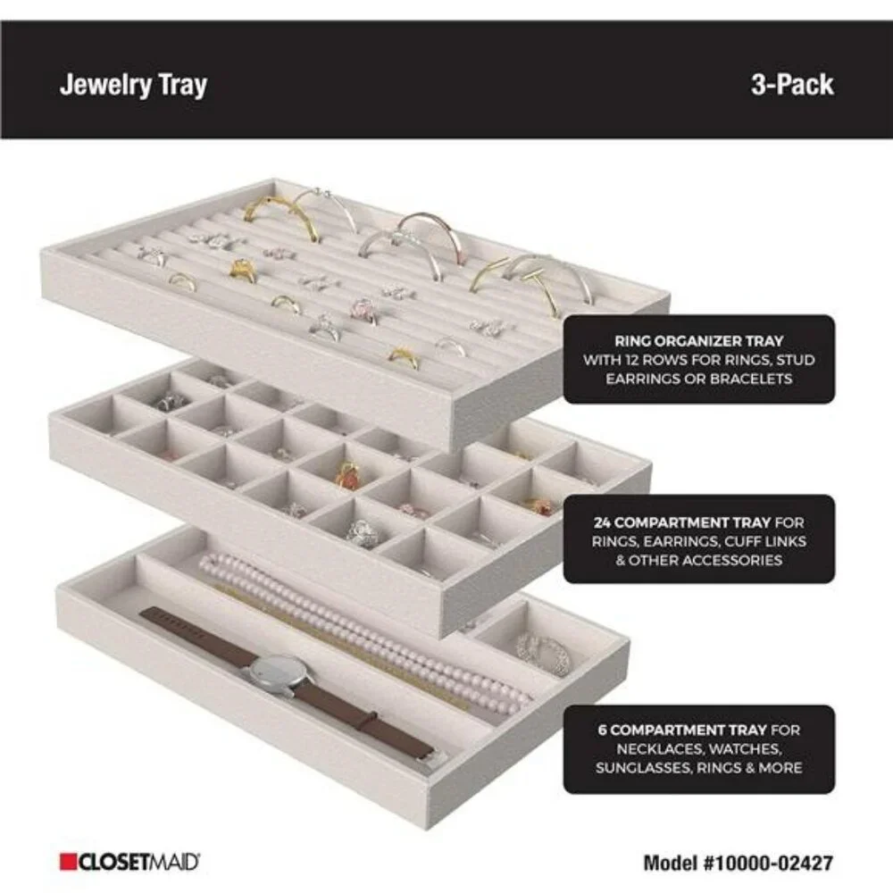 Stackable Velvet Jewelry Organizer Trays Set of 3 for Rings Earrings Necklaces